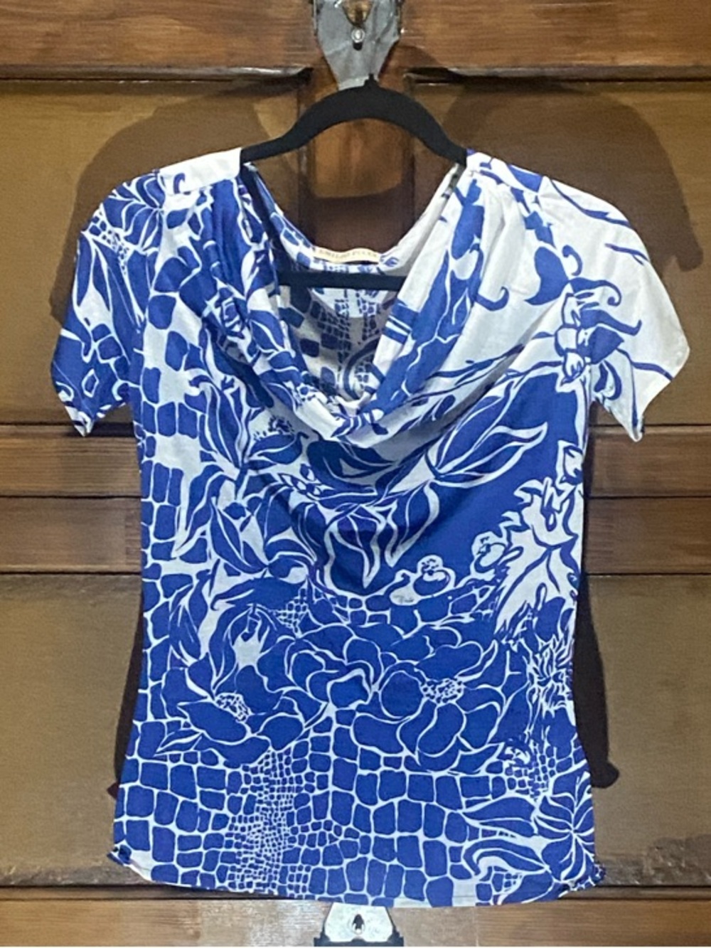 Emilio Pucci Blue & White Floral Cowl-Neck Blouse